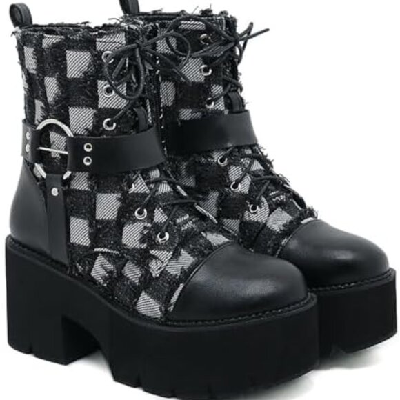 Shoes - NEW! Women's Denim Leather Splice Chunky Heel Goth Ankle Boots With Side Zipper